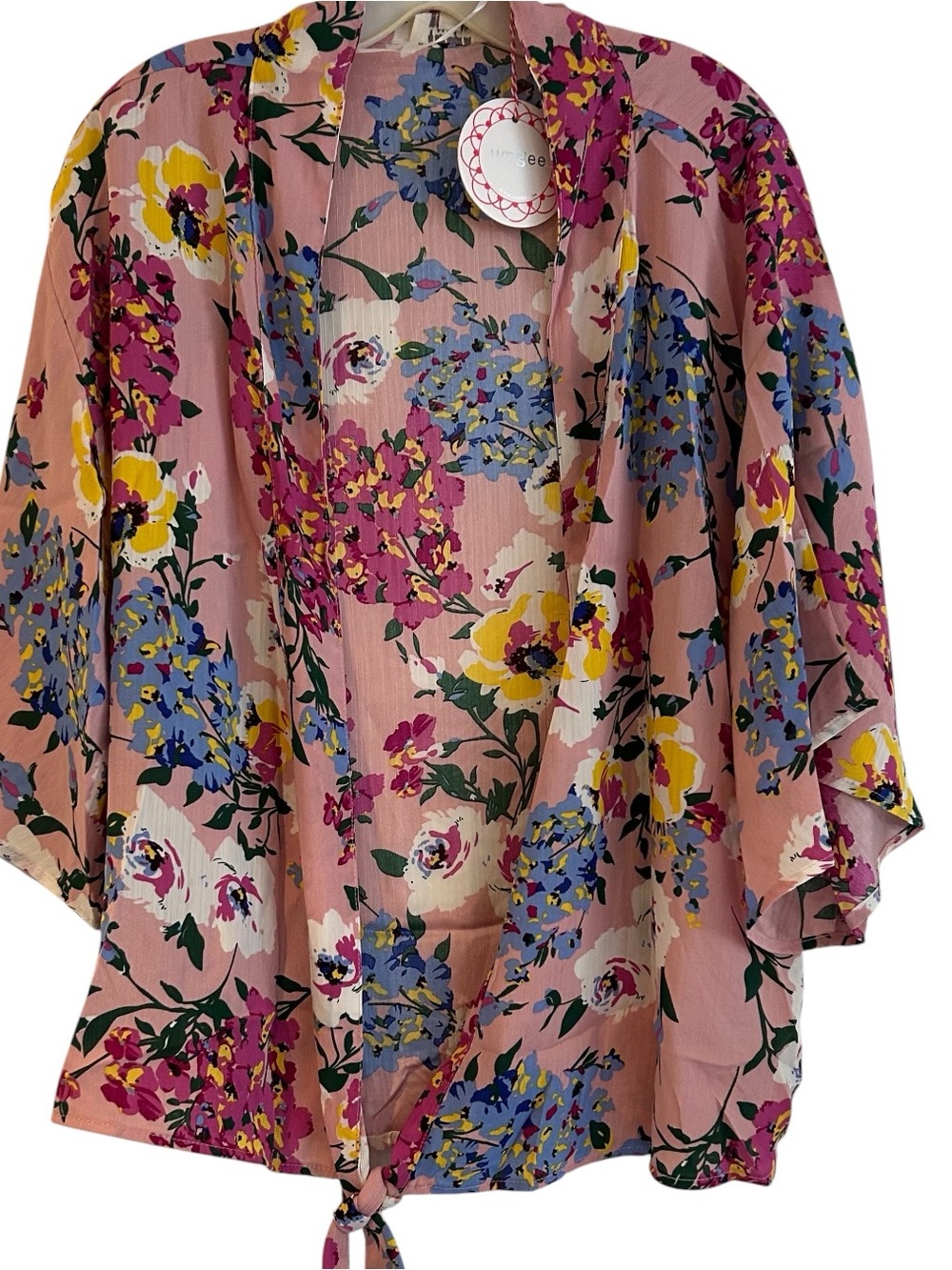 Umgee Pink Floral Tie-Front Kimono Cardigan Boho Bell Sleeve Cover Up Medium